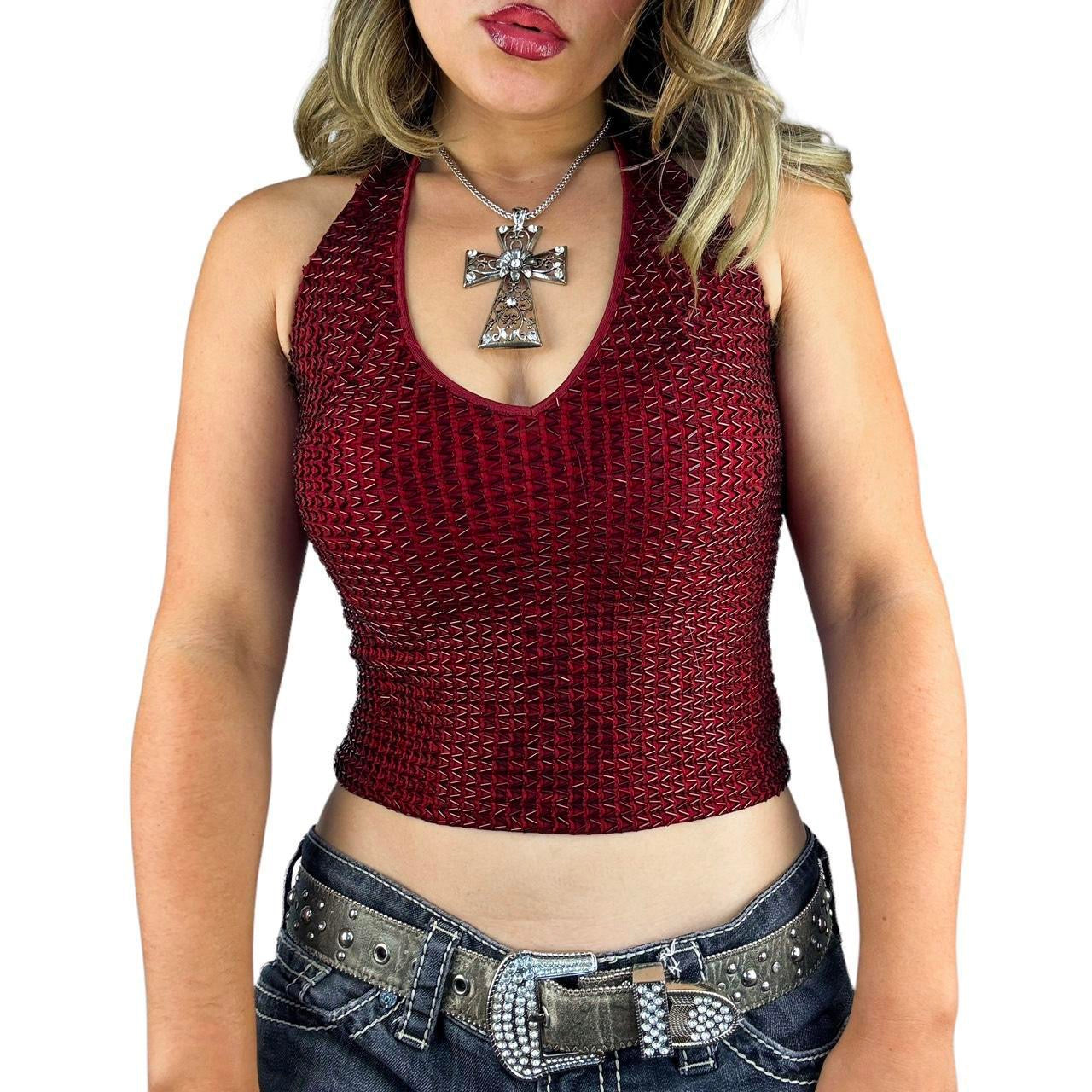 Caché Burgundy Beaded Halter Top (S)