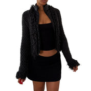 Italian vintage charcoal grey textured wool blend zip-up jacket with high collar
