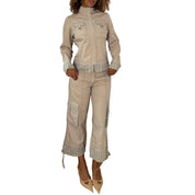 French vintage beige & turquoise 2piece cargo set with cropped utility jacket