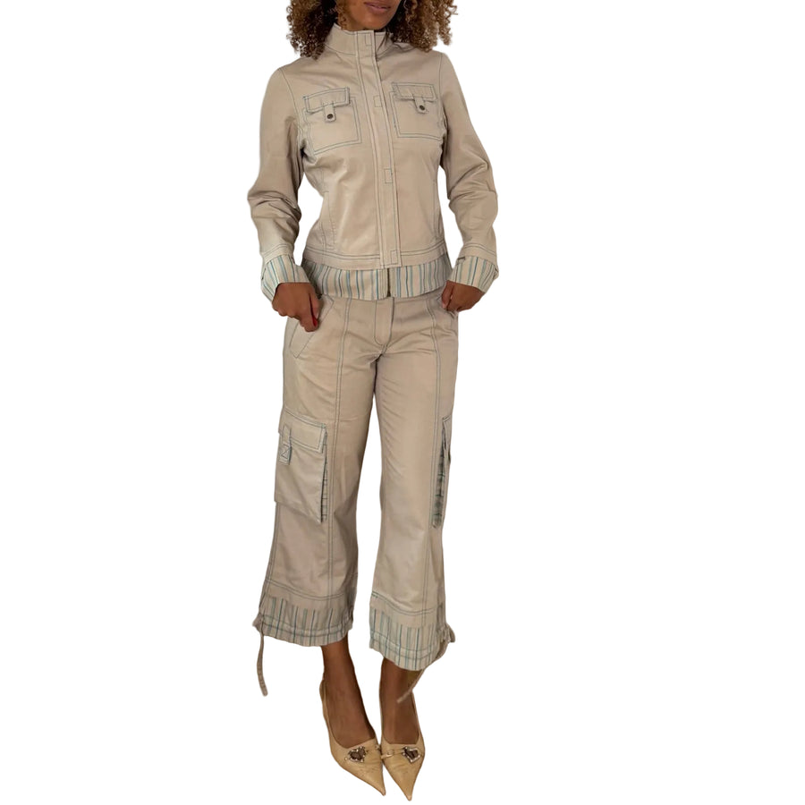 French vintage beige & turquoise 2piece cargo set with cropped utility jacket