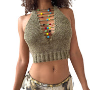 Miss Sixty Beaded Knit Halter Top in Olive (S)