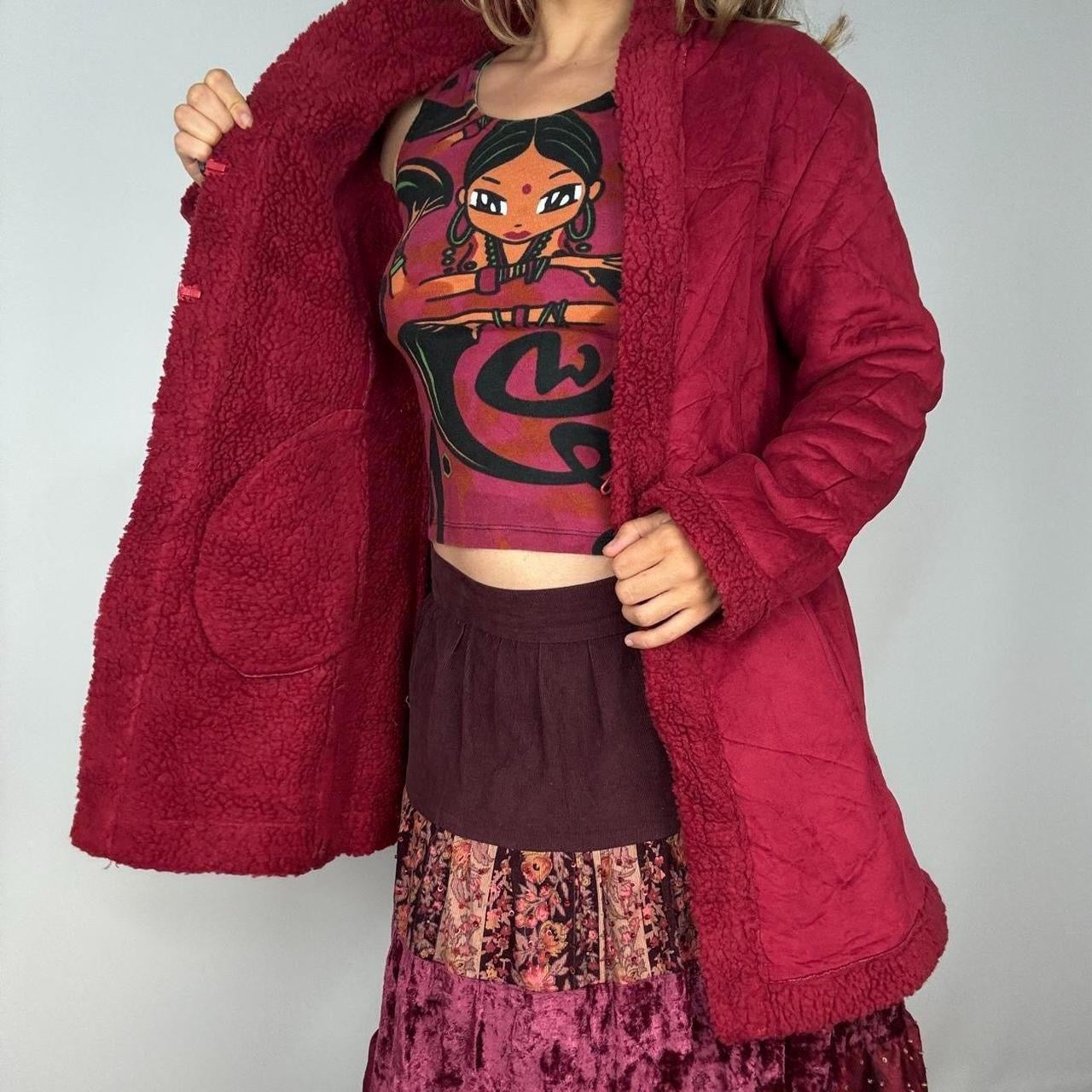Y2K Burgundy Sherpa Faux Fur Trim Penny Lane Coat (M)