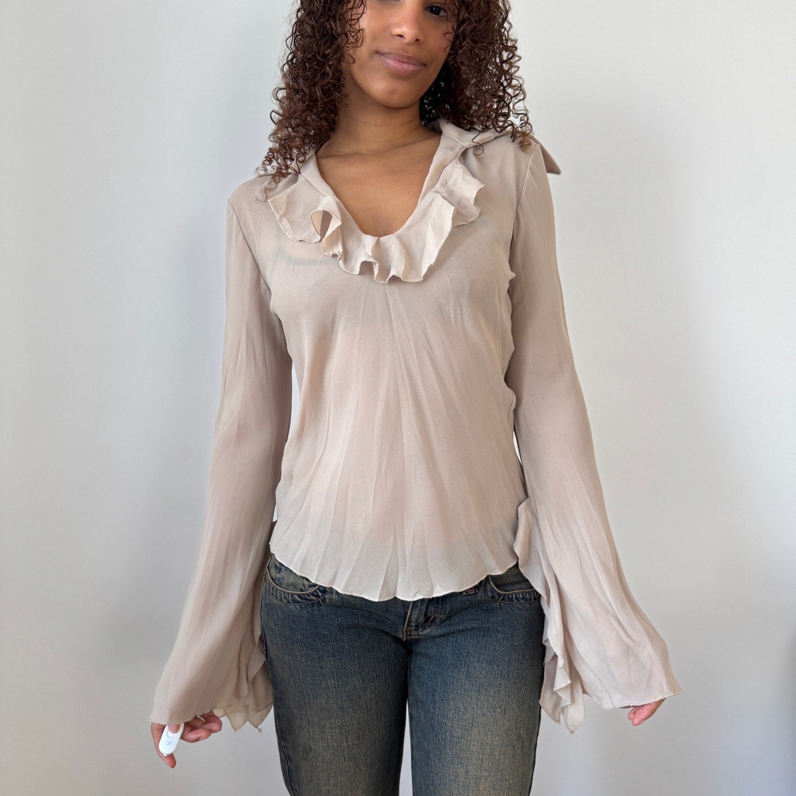 Vintage Italian Beige Mesh Ruffle Top (M)
