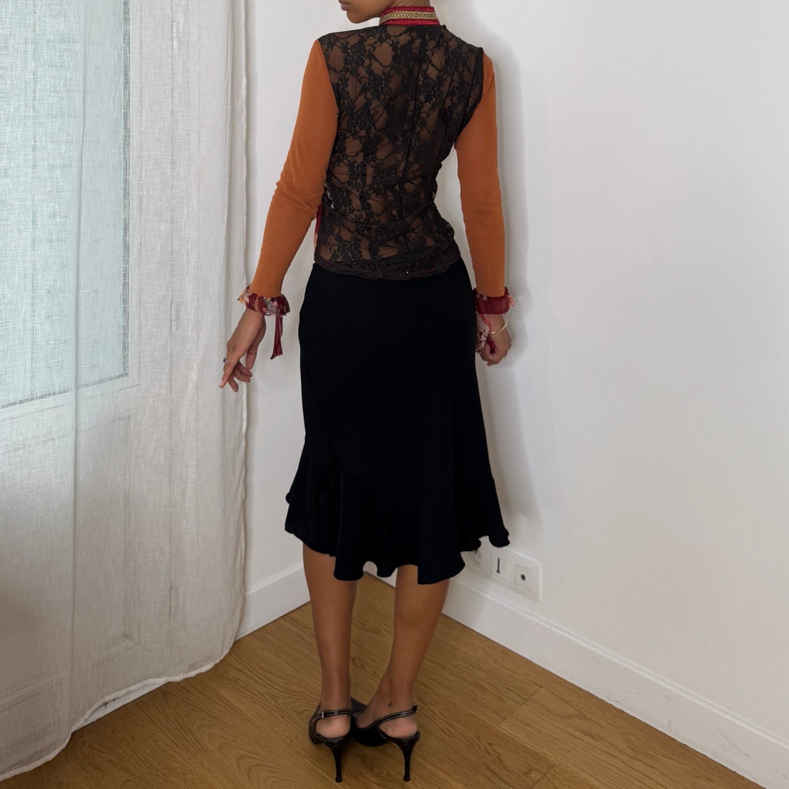 Rare Italian vintage red orange graphic print semi-sheer mesh top with sequin