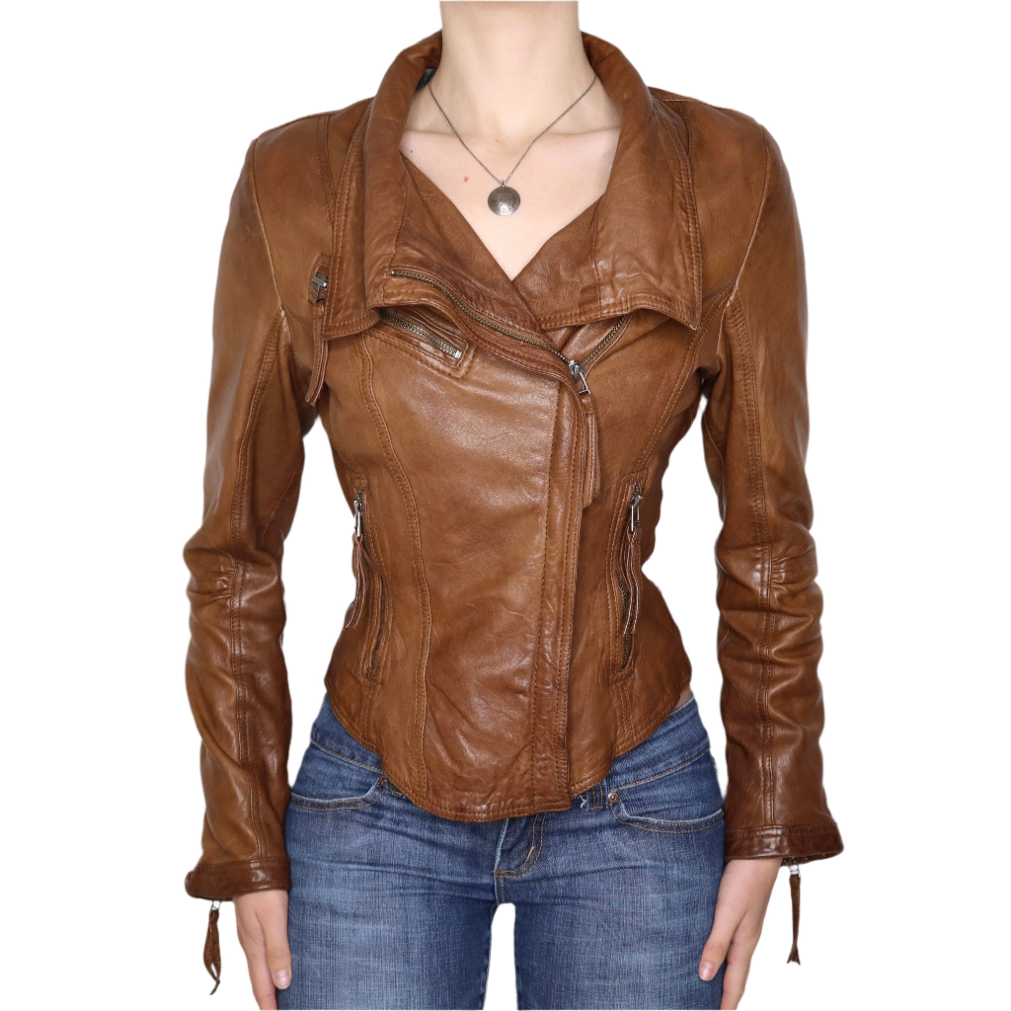 Y2K Sexy Brown Leather Moto Jacket (S)