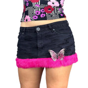 Distressed Denim Fur Trim Mini Skirt (S/M)