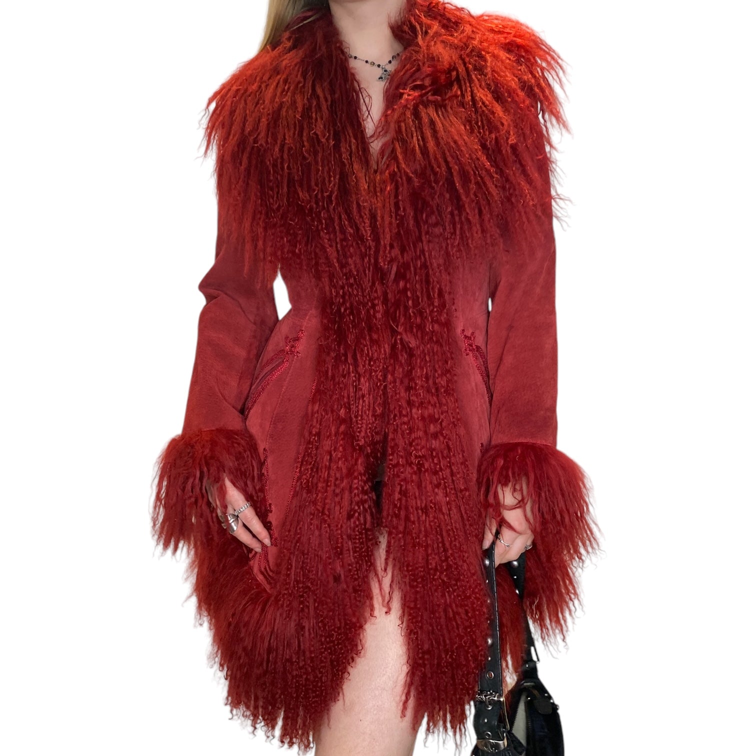 Vintage Red Suede Mongolian Fur Penny Lane Coat (S/M)