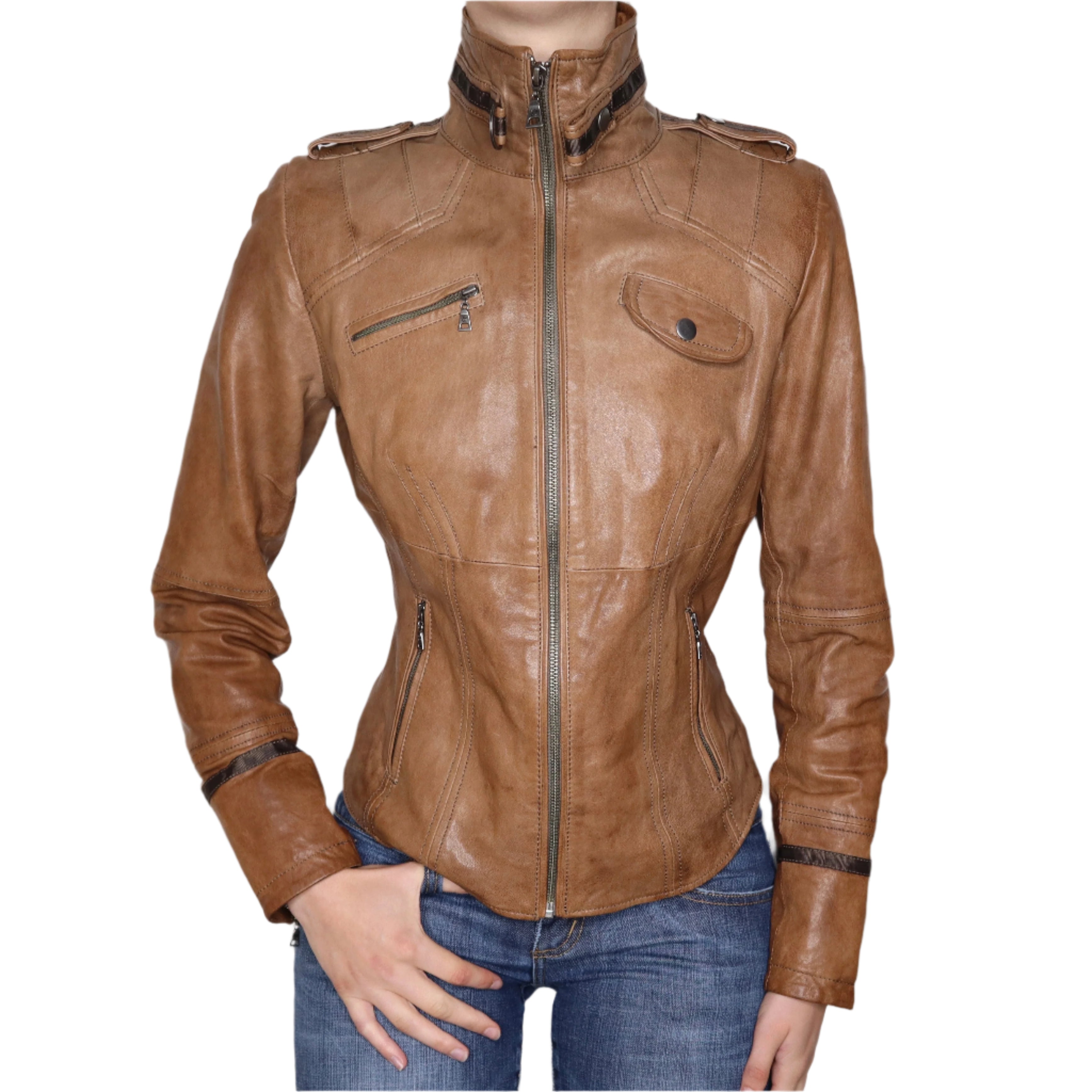 Y2K Sexy Brown Leather Moto Jacket (M)