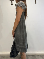 Vintage Italian Grunge Linen Milkmaid Midi Dress (S)