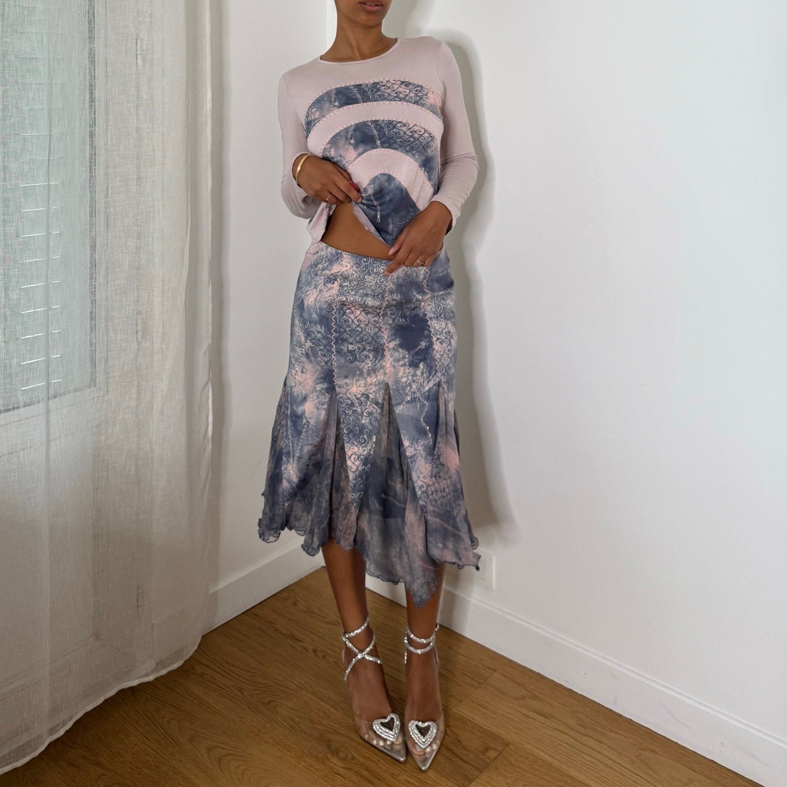 Italian vintage pink and blue 2 piece set with slinky long sleeve top and midi skirt