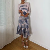 Italian vintage pink and blue 2 piece set with slinky long sleeve top and midi skirt