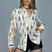 90s Fashion Illustration Novelty Print Silk Blouse (S)