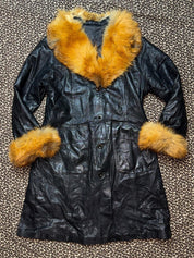 Vintage Genuine Fox Fur Trim Leather Trench Coat (L/XL)