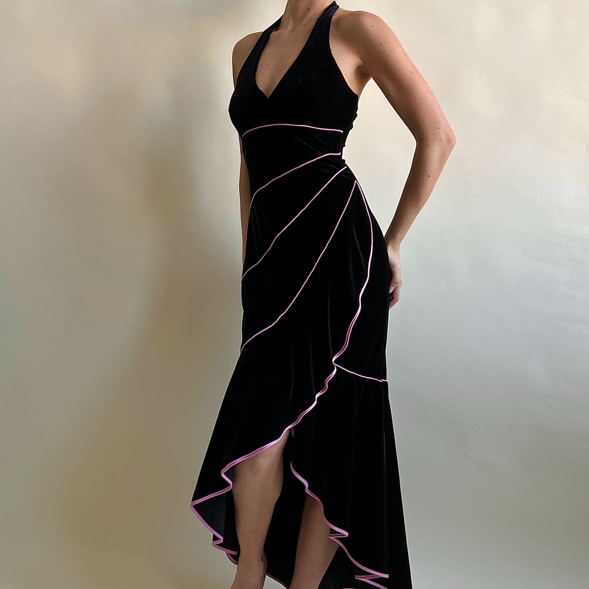 Vintage 90s Black velvet ruffle maxi dress (L)