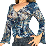 Vintage Abstract Mesh Bell Sleeve Top (M)