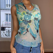 Vintage Print Sheer Mesh Top (S)