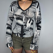 Italian Surrealist Print Eyelet Cutout Long Sleeve (S/M)
