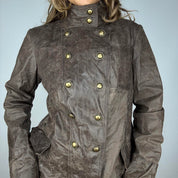 Brown Leather Double Breasted Vintage Military Jacket (L/XL)