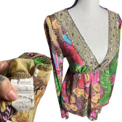 Unique print bell sleeve tie back babydoll top (M)