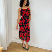 Vintage Red Floral Mesh Midi Dress (M)