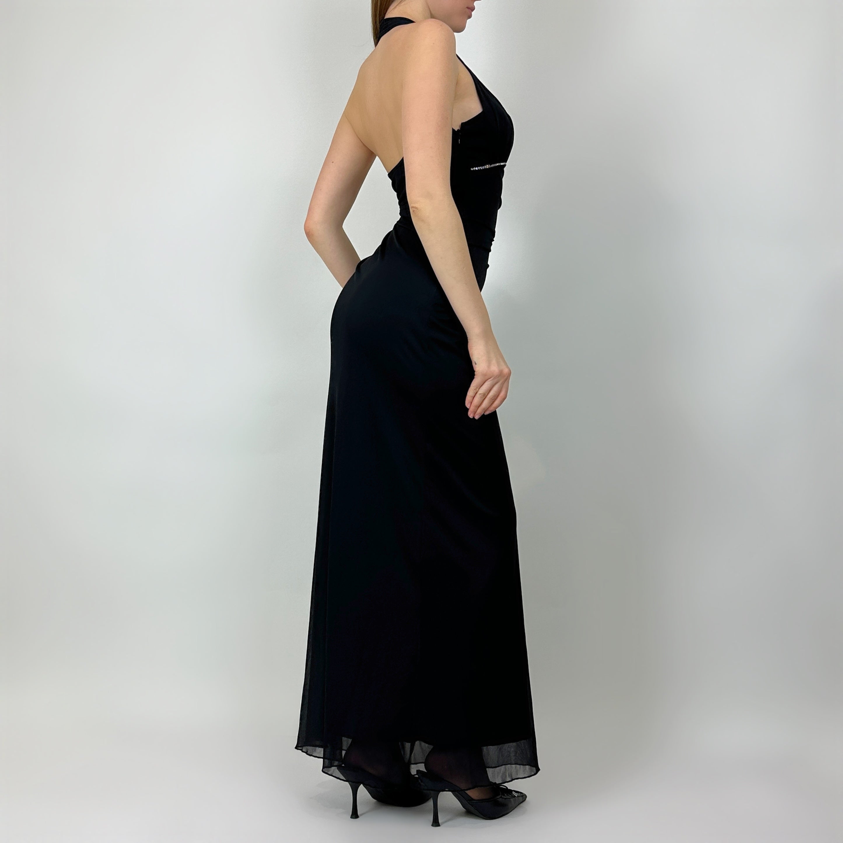 Vintage Noir Mesh Overlay Flutter Gown (XS/S)
