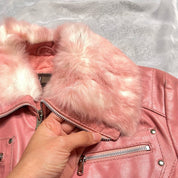 90s pink leather jacket fur trim (XS/S)