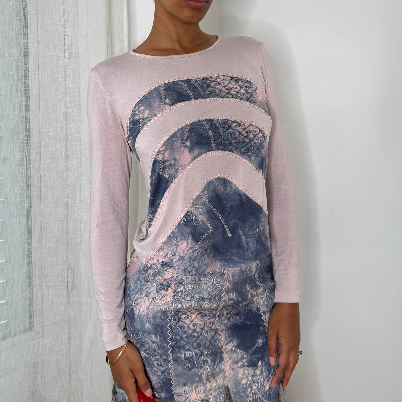 Italian vintage pink and blue 2 piece set with slinky long sleeve top and midi skirt