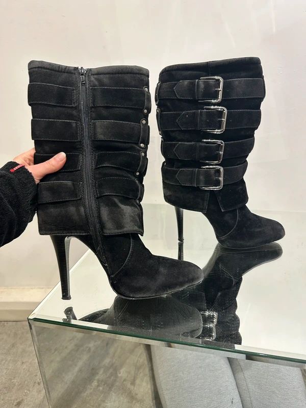Vintage 2000s Y2K Moto Biker Buckle Stiletto Ankle Boots (UK 5 US 7)
