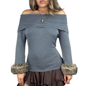 Vintage Fur Trim Off The Shoulder Knit (M/L)