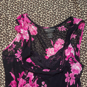 Y2K Pink & Black Floral Handkerchief Hem Midi Dress (XL)