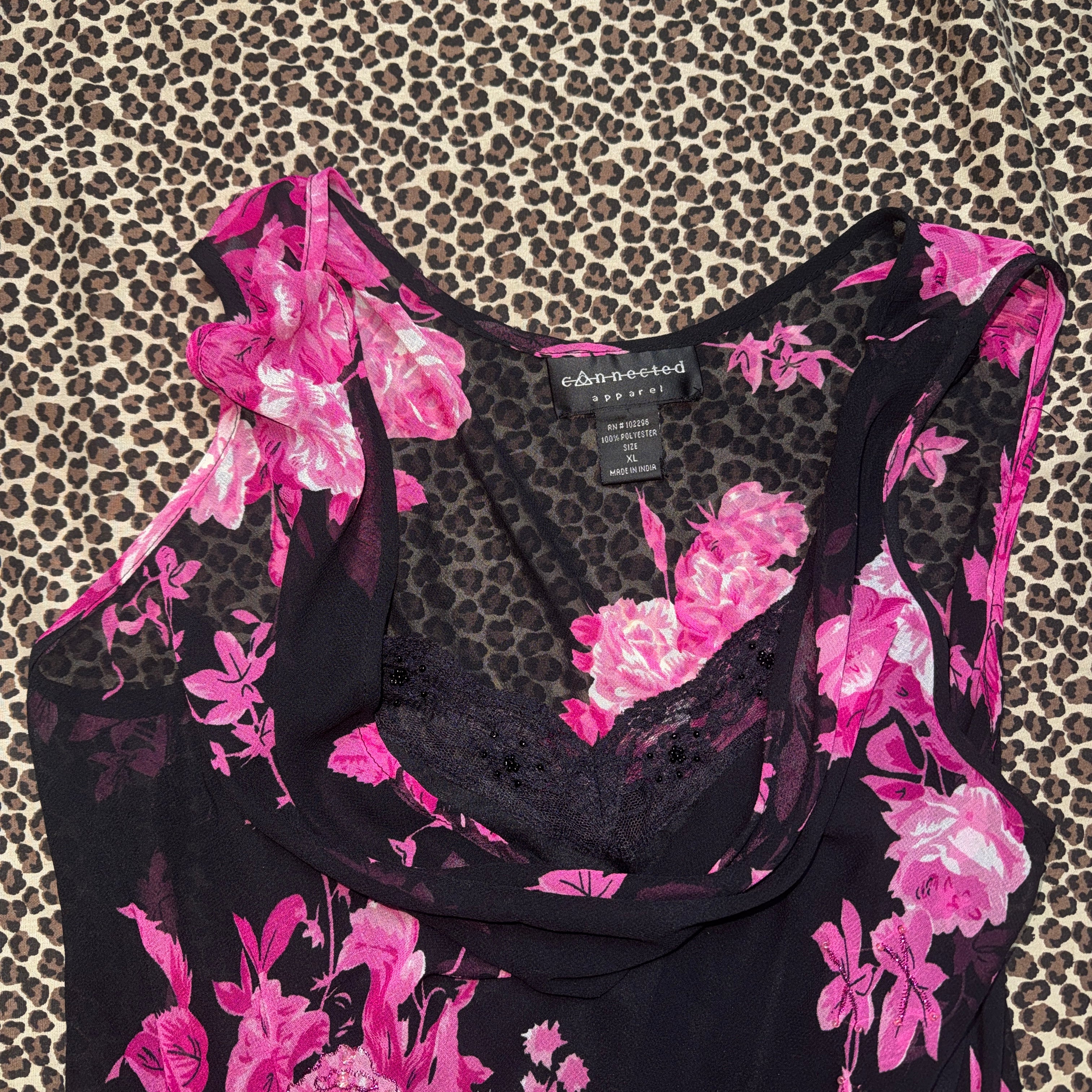 Y2K Pink & Black Floral Handkerchief Hem Midi Dress (XL)