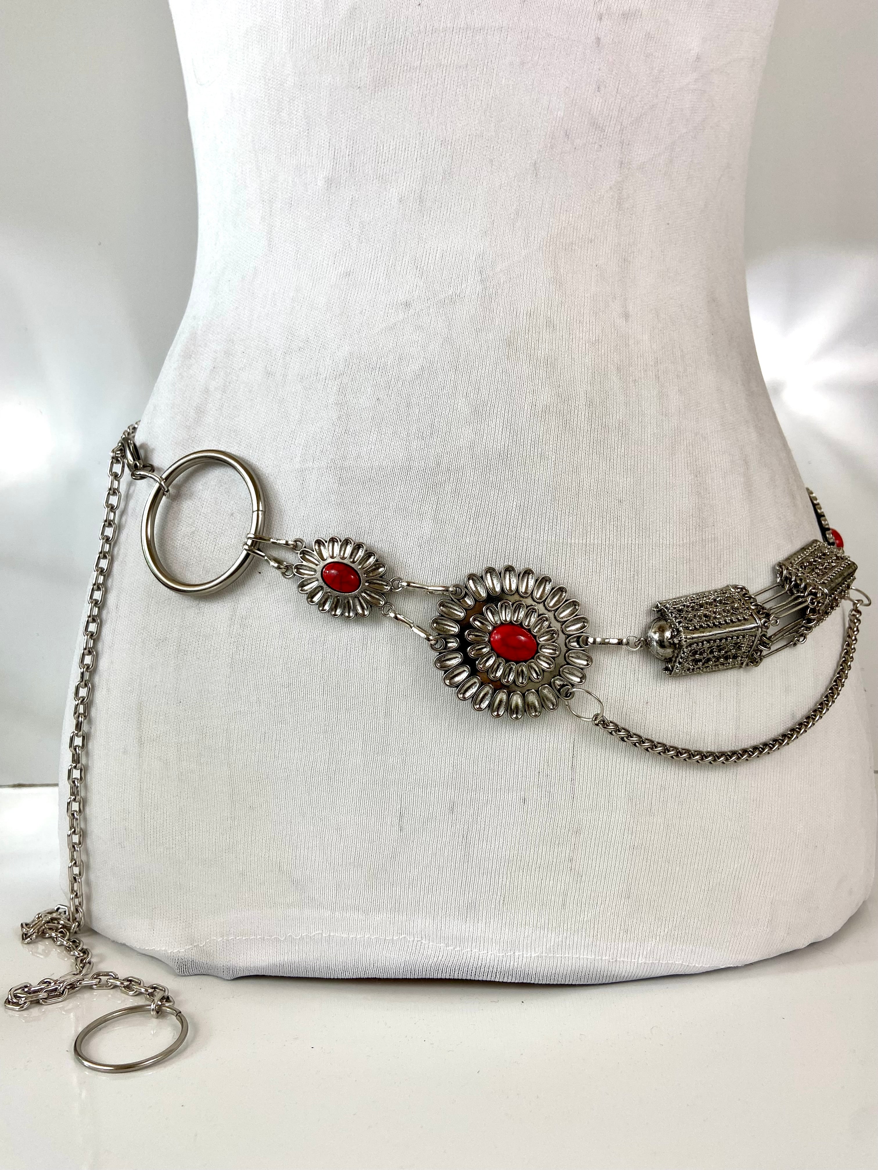 Silver red tone waist belt