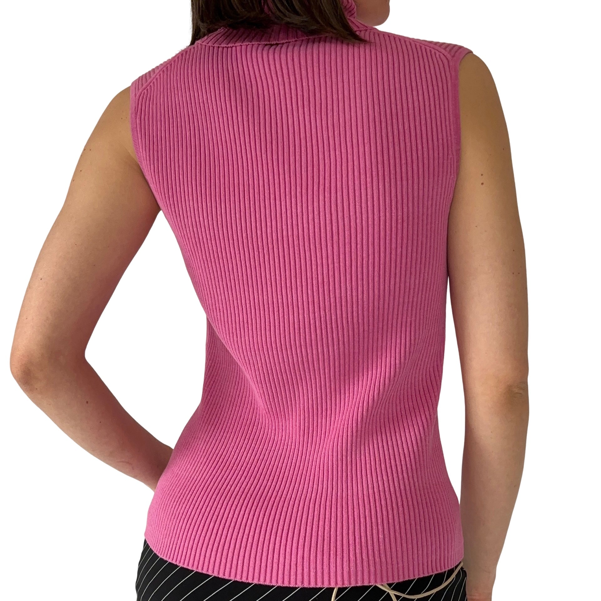 2000s Pink Silk Ribbed Sleeveless Turtleneck (S/M)