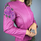 Embellished Flower Detail Magenta Leather Jacket (S/M)