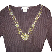 2000s Embellished Neckline 3/4 Sleeve Knit (S)