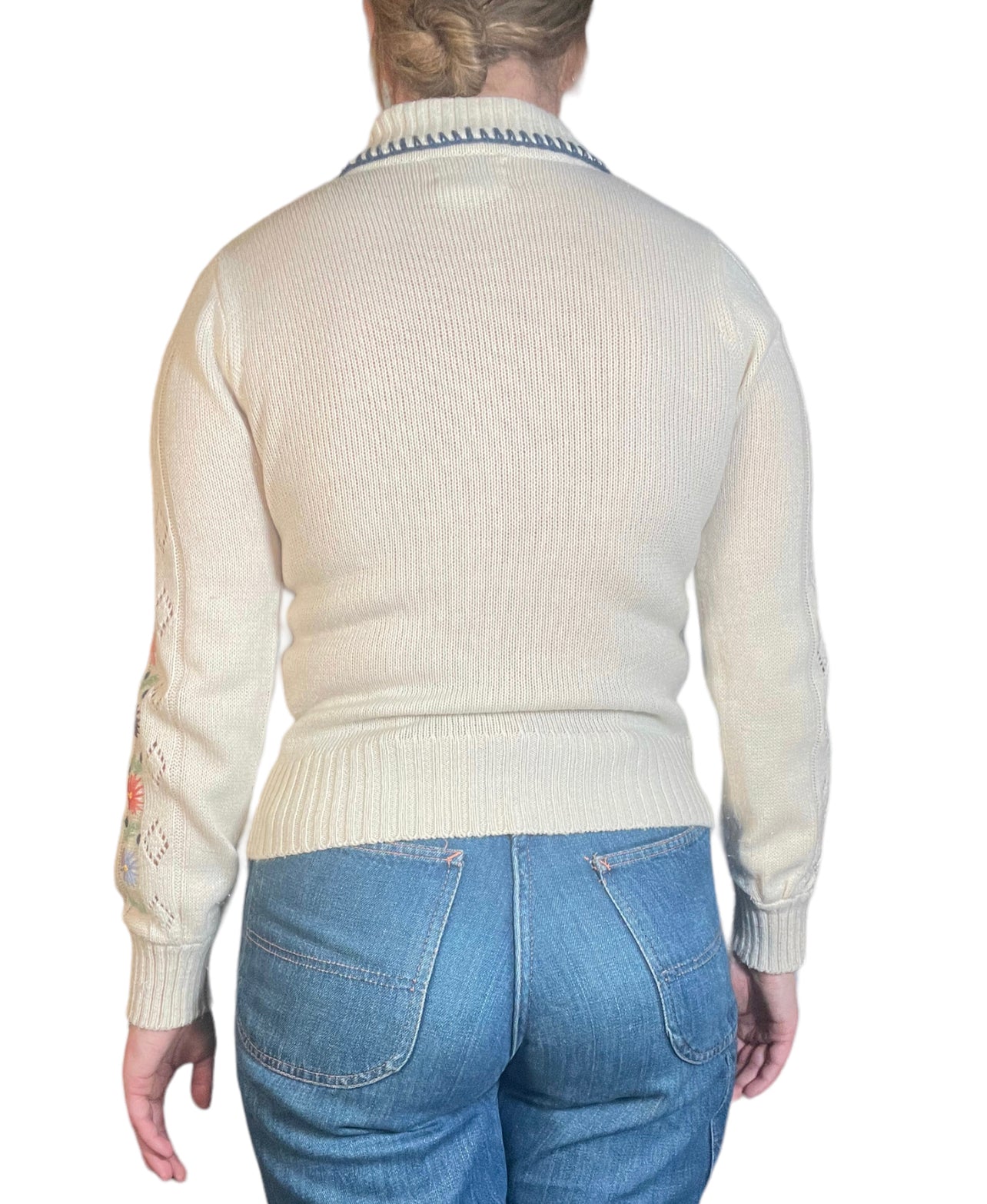 70s Cream Wool Embroidered Sweater (S/M)