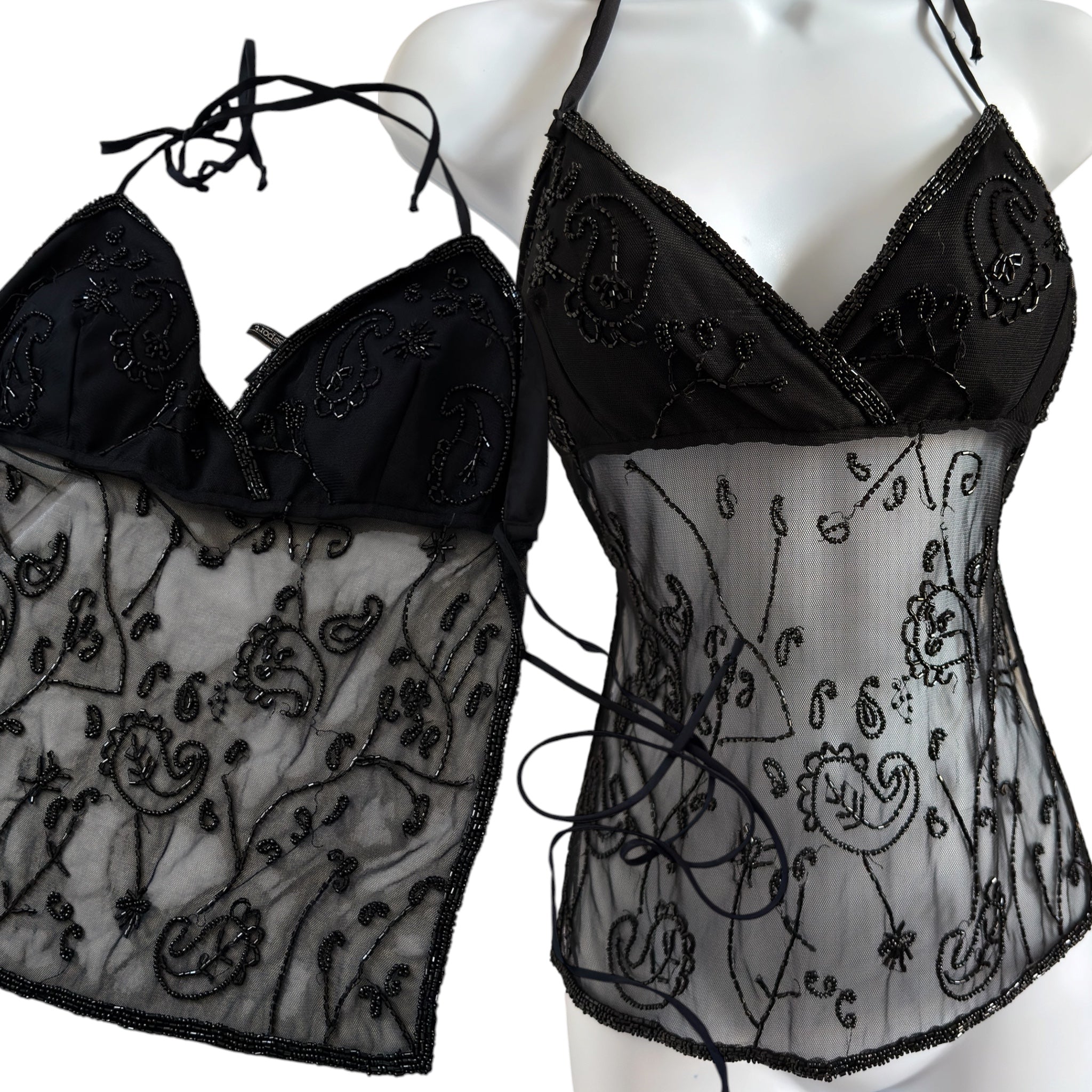 Vintage embellished mesh halter top (XS-M)