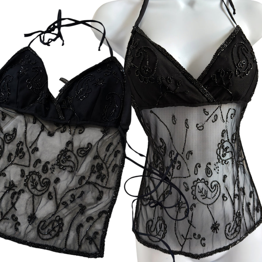 Vintage embellished mesh halter top (XS-M)