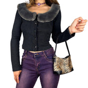 90s Faux Fur Collar Cardigan (S/M)