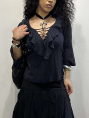 Vintage Italian Lace-up Front Ruffle Gothic Blouse (S/M)