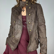 Brown Leather Double Breasted Vintage Military Jacket (L/XL)