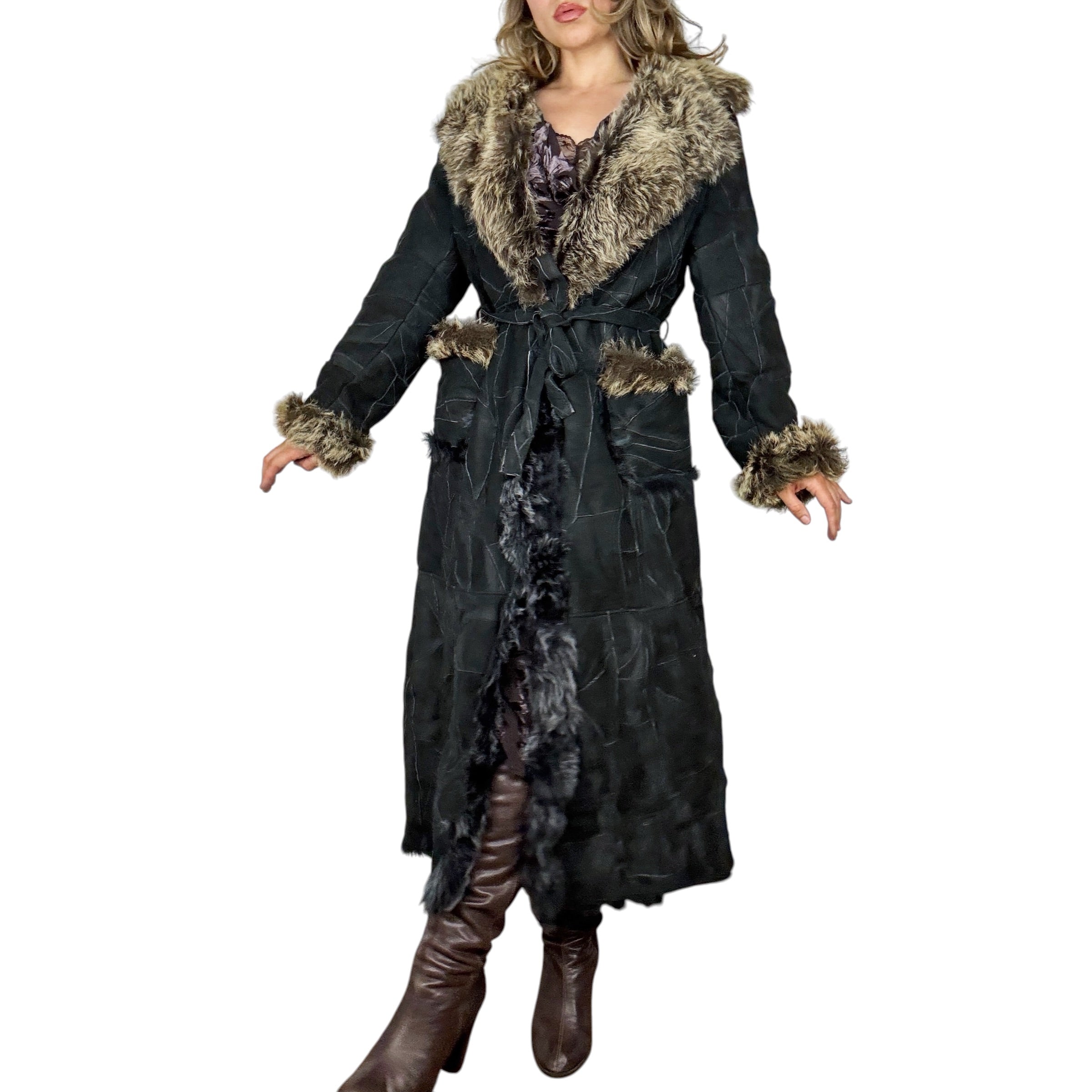 Pablo Valentino Parisian Vintage Fur Trim Suede Leather Patchwork Coat (M/L)