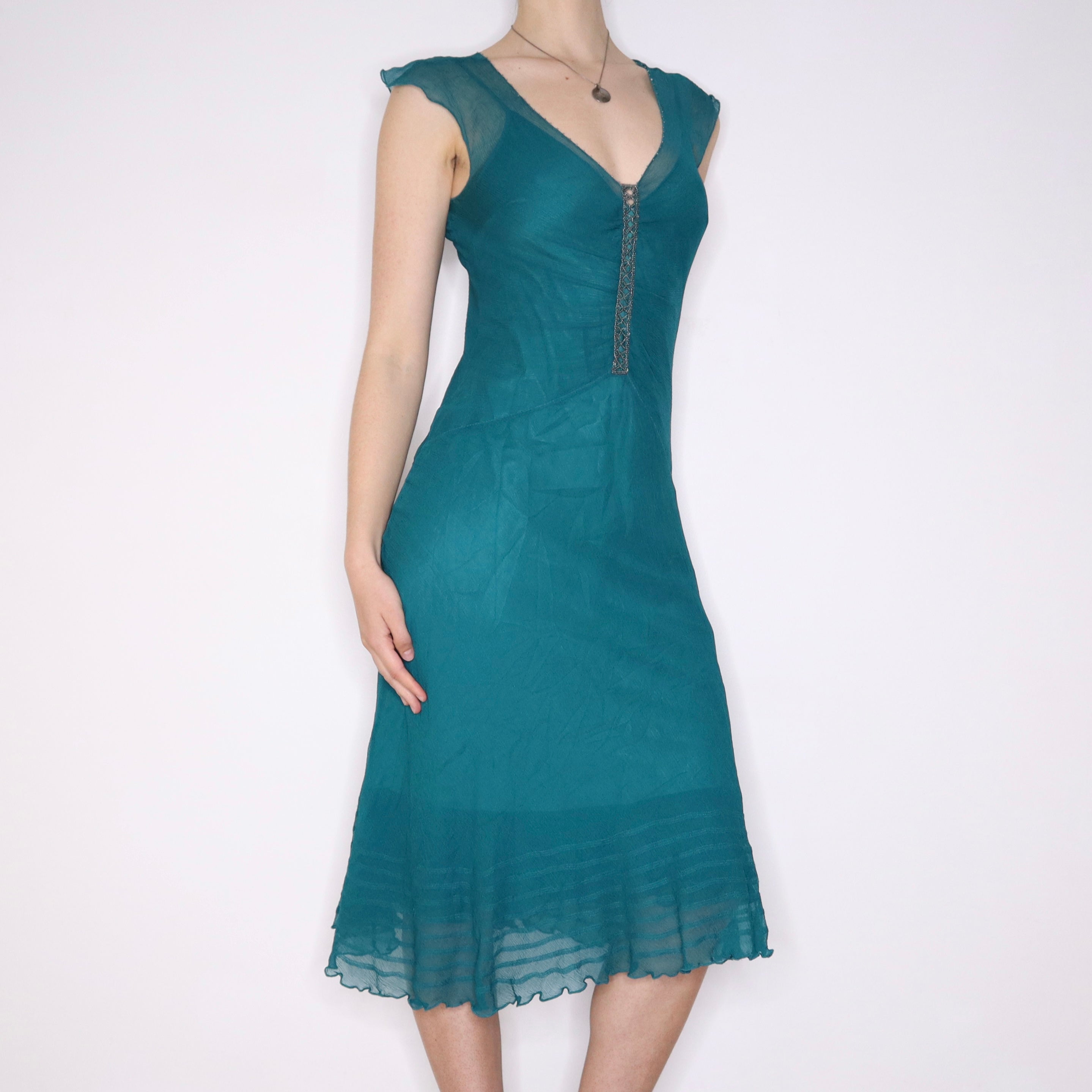 Y2K Teal Beaded Silk Midi Dress (M)