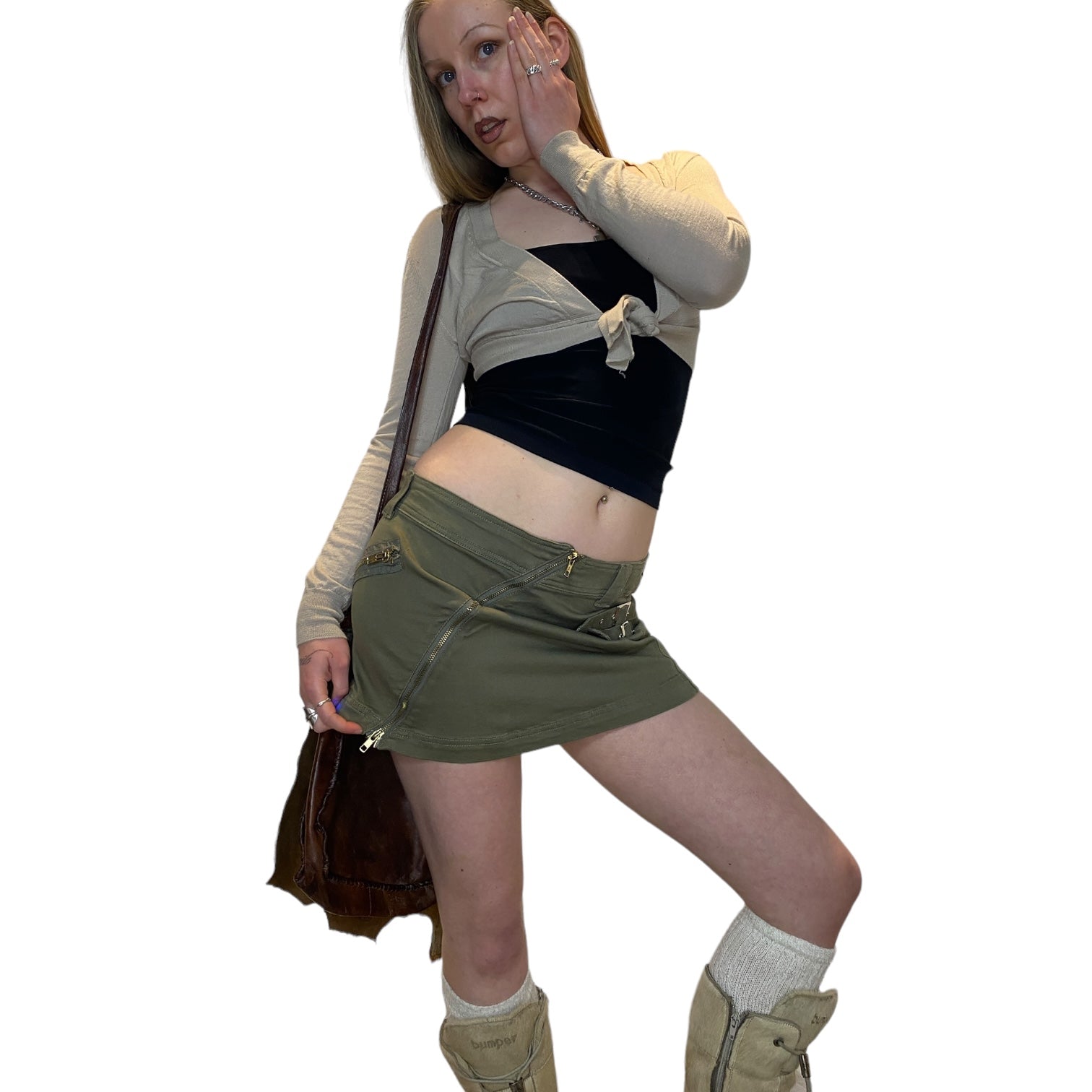 Y2K Khaki Zipper Mini Skirt (s)