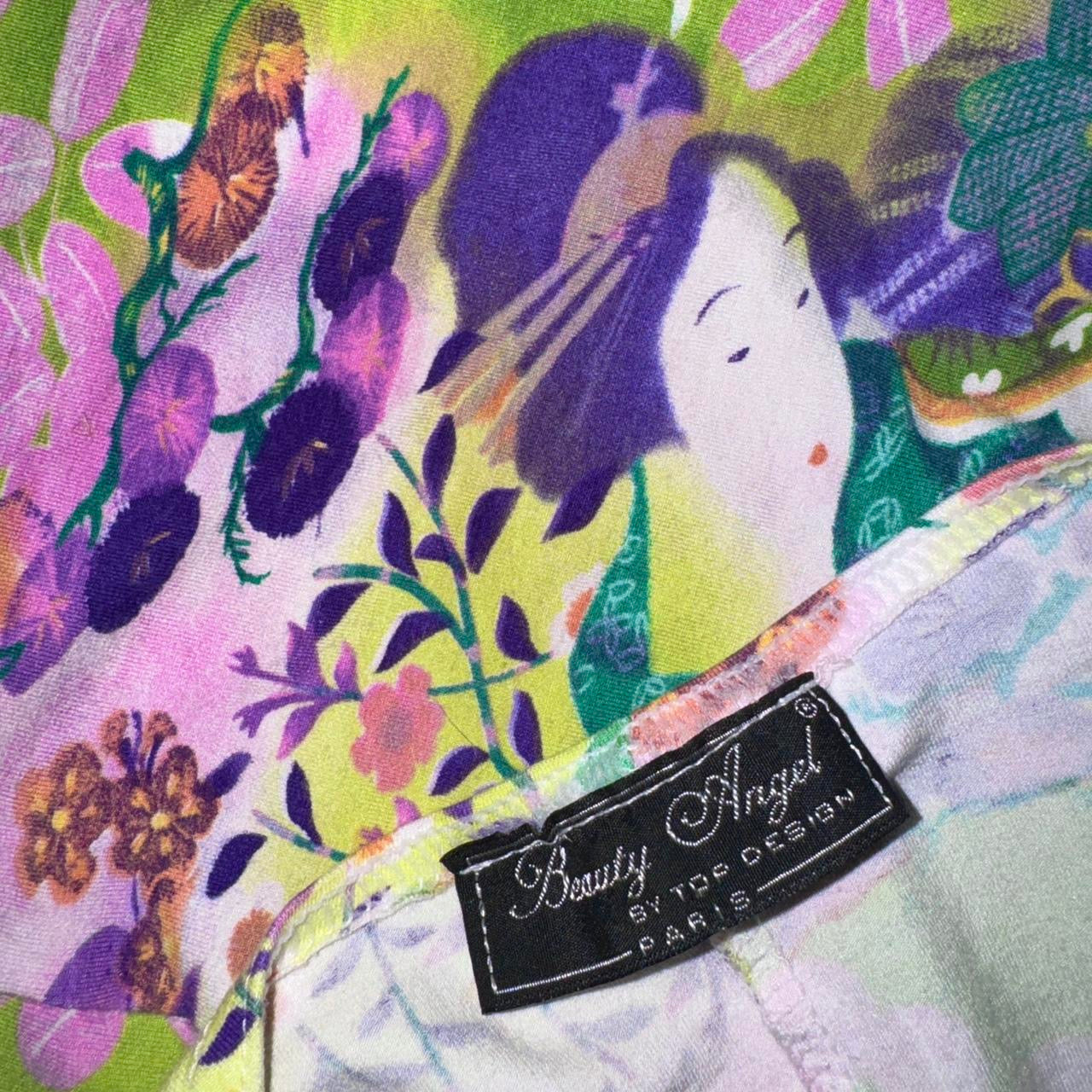 90s Geisha Print Floral Midi Dress (S)