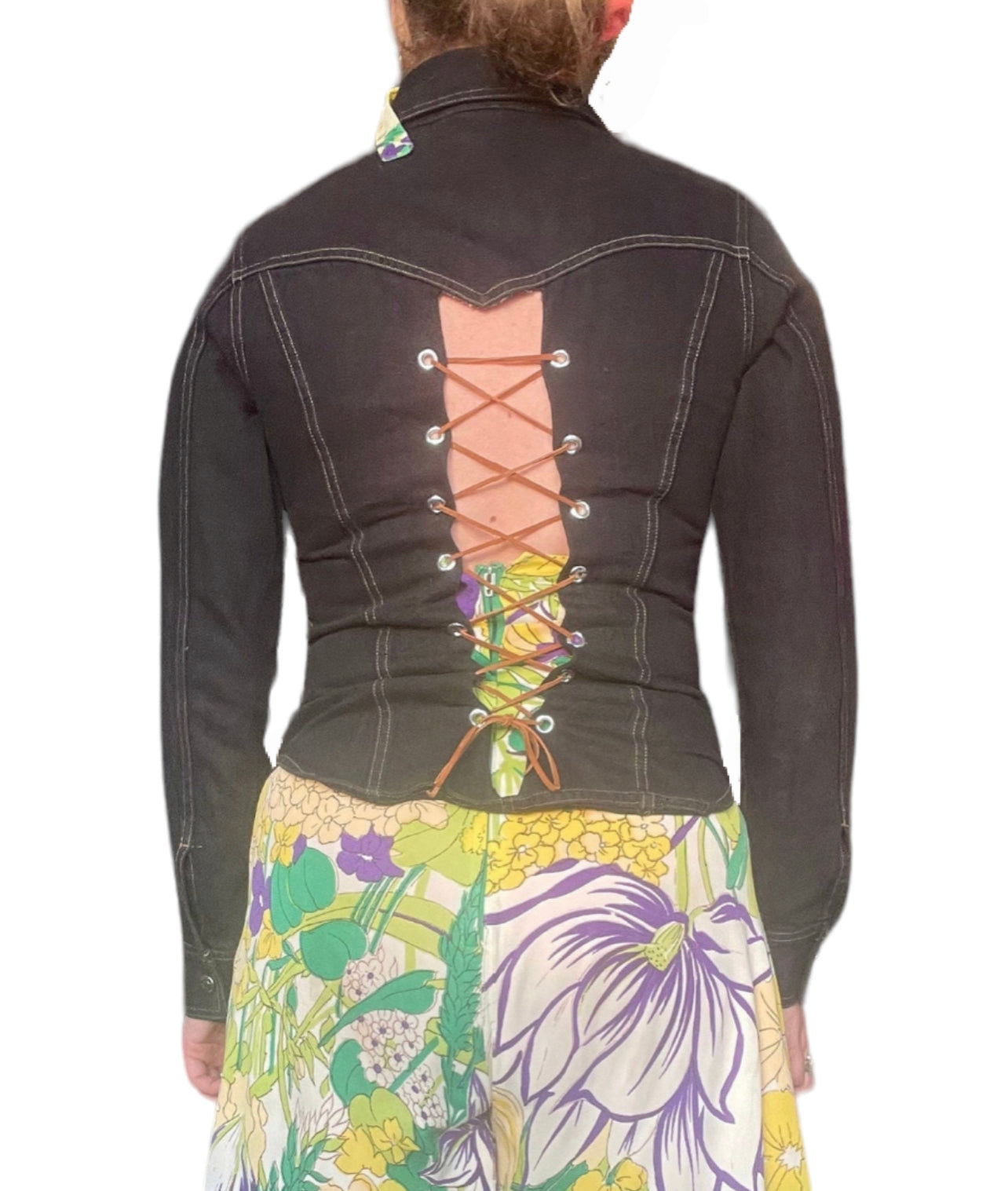 1990s Dark Denim Jacket with Lace-Up Back (S)