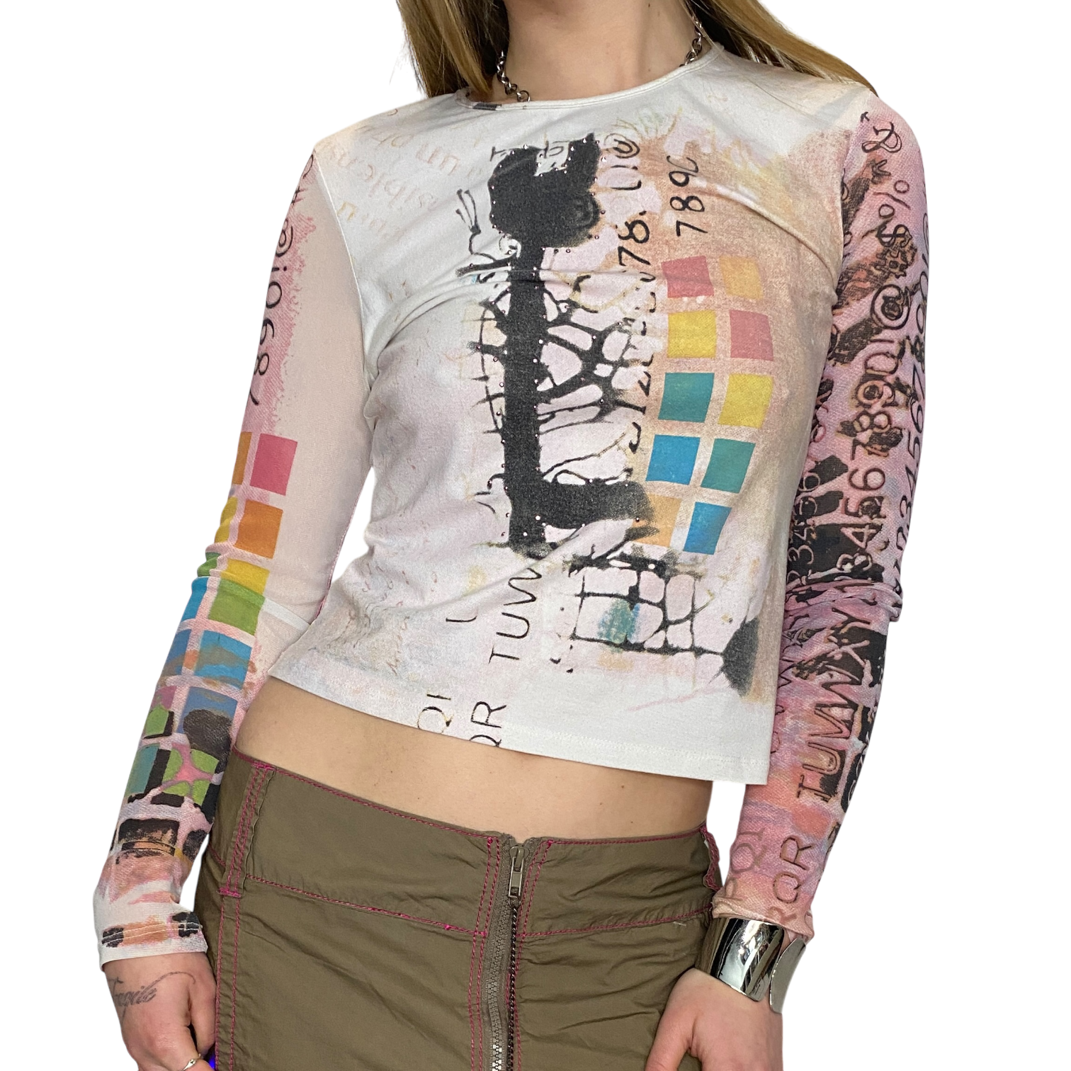 Vintage 90s Graphic Print Mesh Long Sleeve (M)