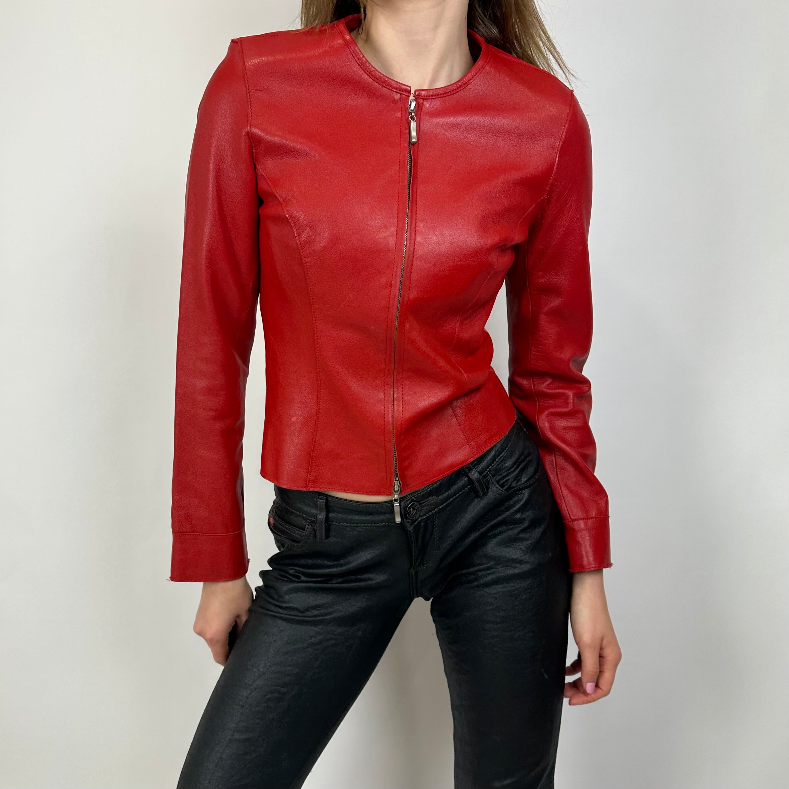 Vintage Red Fitted Leather Jacket (XS)