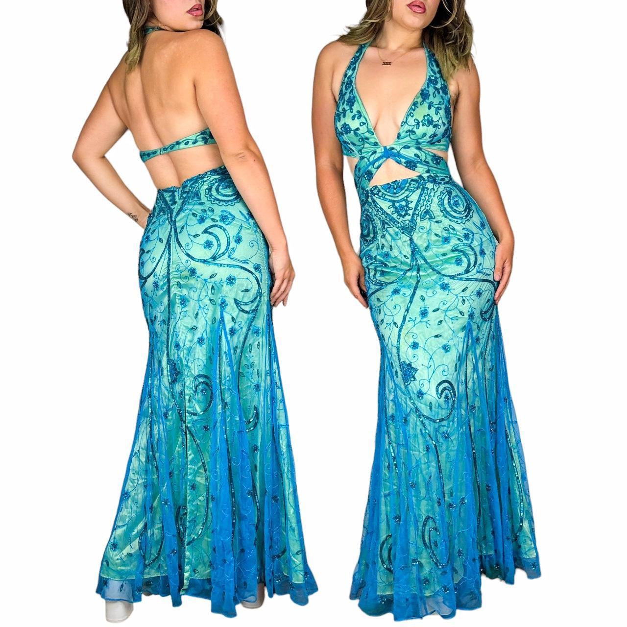 Caché Beaded Mesh Cutout Gown (S)