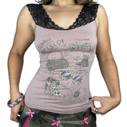 French Y2K “Fashion Gone Wild” Lace Trim Graphic Tank (XS)